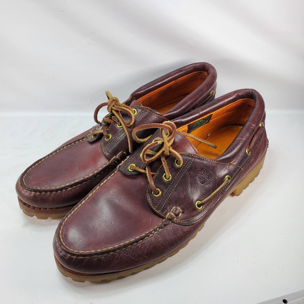 Timberland Boat Shoes Mens 11.5 W Burgundy Lug Sole Leather 3-Eye Handsewn 50009